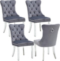 Velvet Dining Chairs Set of 4, Upholstered Dining Room Chairs with Tufted Back & Pull Ring, Modern Kitchen and Dining Chairs, Accent Chairs with Metal Legs (Dark Gray + Silver, Set of 4)