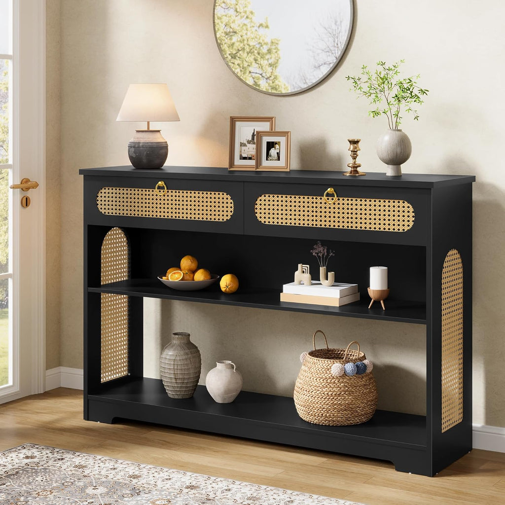 Hoctieon Rattan Console Table with 2 Drawers, 3-Tier Boho Woven Entryway Table with Back Panel and Open Storage Shelf, 40" Wood Narrow Long Sofa Tables for Hallway, Foyer, Living Room, Black