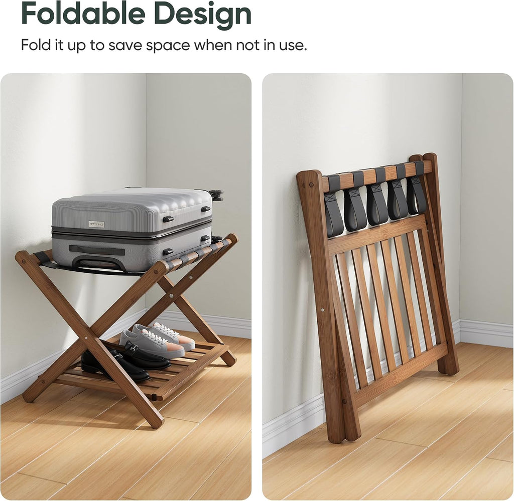 Smart FENDEE 26.77“ Fully Assembled Dark Walnut Luggage Racks with Folable Storage Shelf, 5 Heavy-Duty Straps Bamboo Suitcase Stand, Luggage Holders for Guest Room, Bedroom, Hotel