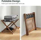 Smart FENDEE 26.77“ Fully Assembled Dark Walnut Luggage Racks with Folable Storage Shelf, 5 Heavy-Duty Straps Bamboo Suitcase Stand, Luggage Holders for Guest Room, Bedroom, Hotel