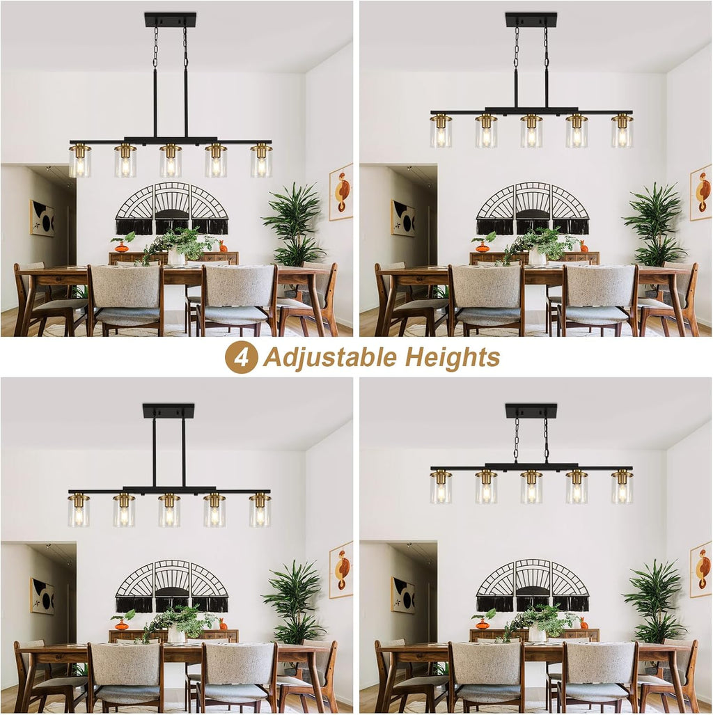 36.2inch 5-Light Kitchen Island Lighting,Dining Room Lights Modern Farmhouse Chandelier with Clear Glass Shade,Modern Rustic Black and Gold Metal Chandelier, Kitchen Pendant Light Fixtures