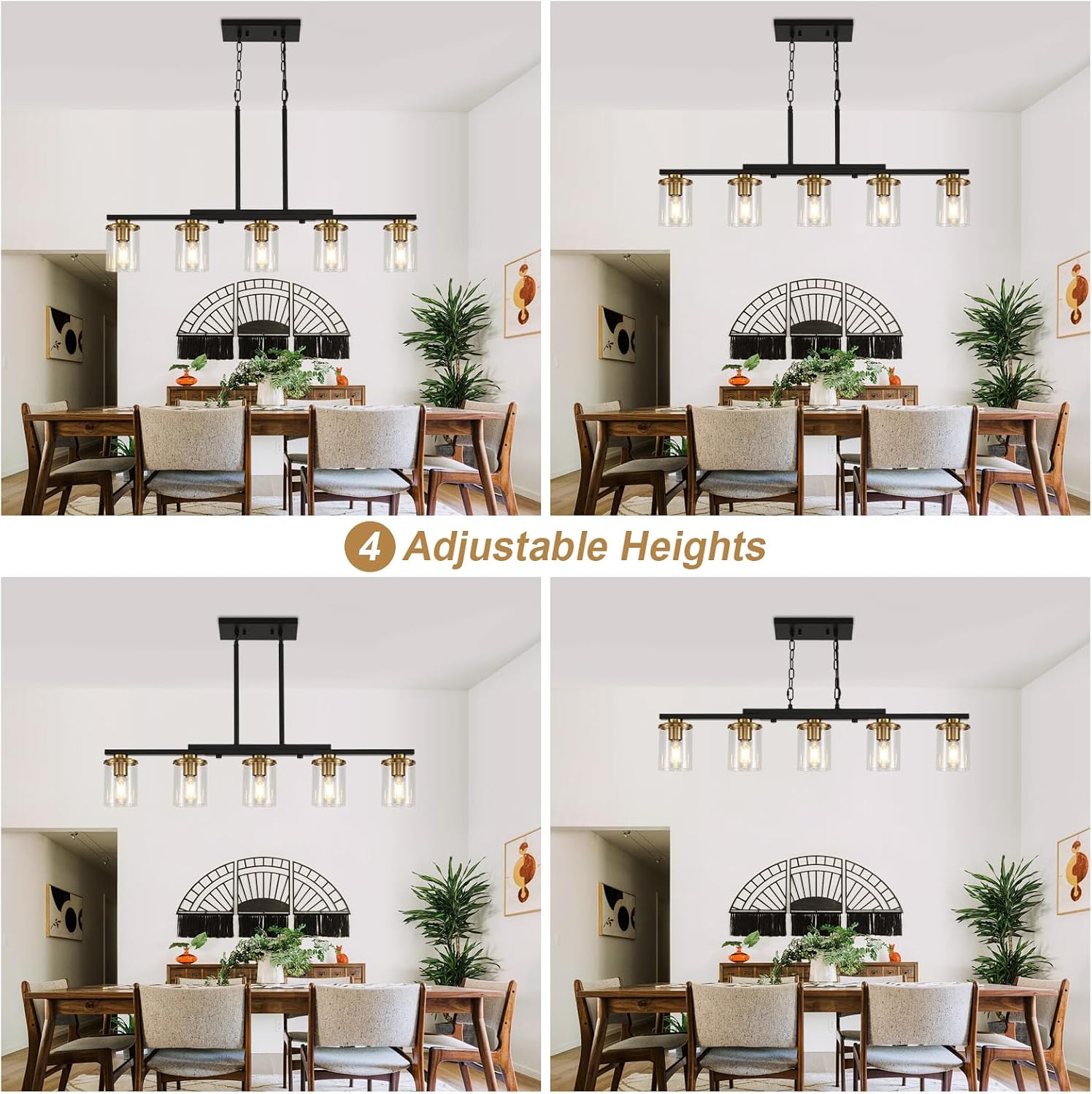 36.2inch 5-Light Kitchen Island Lighting,Dining Room Lights Modern Farmhouse Chandelier with Clear Glass Shade,Modern Rustic Black and Gold Metal Chandelier, Kitchen Pendant Light Fixtures