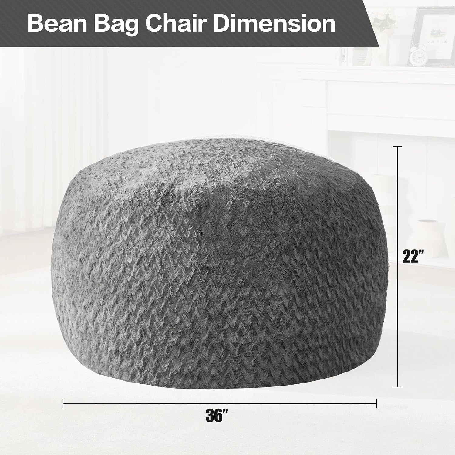 Hobestluk Bean Bag Chair Large Washable Soft Living Room Adult 3Ft Grey | No Assembly Required Memory Foam Filling Machine Washable Cover Bedroom Dorm Reading Gaming Fluffy Plush Faux Fur Fabric