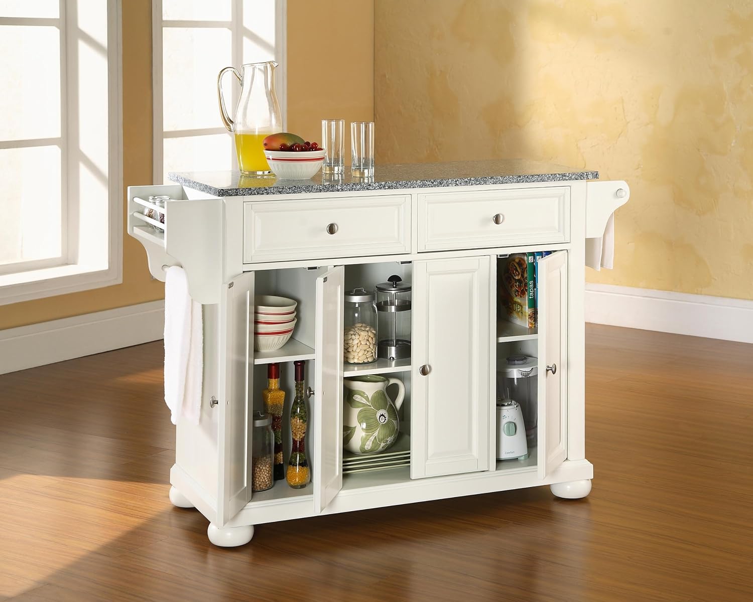 Crosley Furniture Alexandria Granite Top Rolling Kitchen Island Storage Cart, Microwave Stand, Spice Rack, White