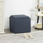 Adeco 17" H Navy Blue Storage Ottoman Cube with Tray Lid, Small Polyester Fabric Footstool with Storage, Square End Table for Living Room & Bedroom