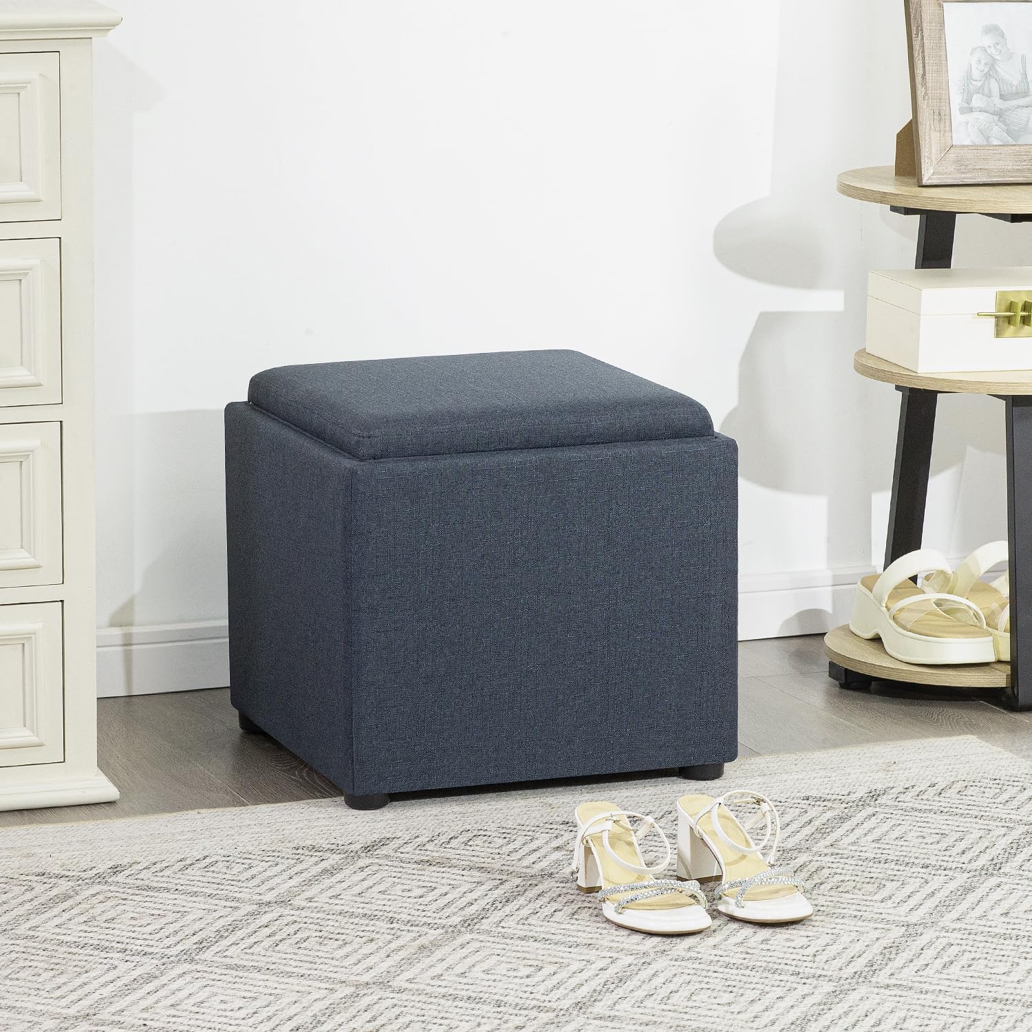 Joveco Storage Square Ottoman with Tray, Small Linen Foot Rest Stool Cube, Coffee Table for Dorm Living Room Bedroom, Denim Gray