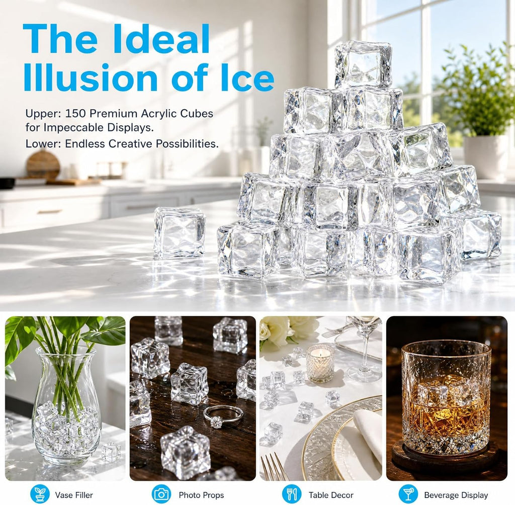 Hacaroa 150 Pack Clear Fake Ice Cubes, 0.7" (18mm) Acrylic Decorative Ice Rocks Square Artificial Crystals Vase Rocks for Home, Wedding Decoration, Vase Fillers, Photography Props, Party Table Scatter