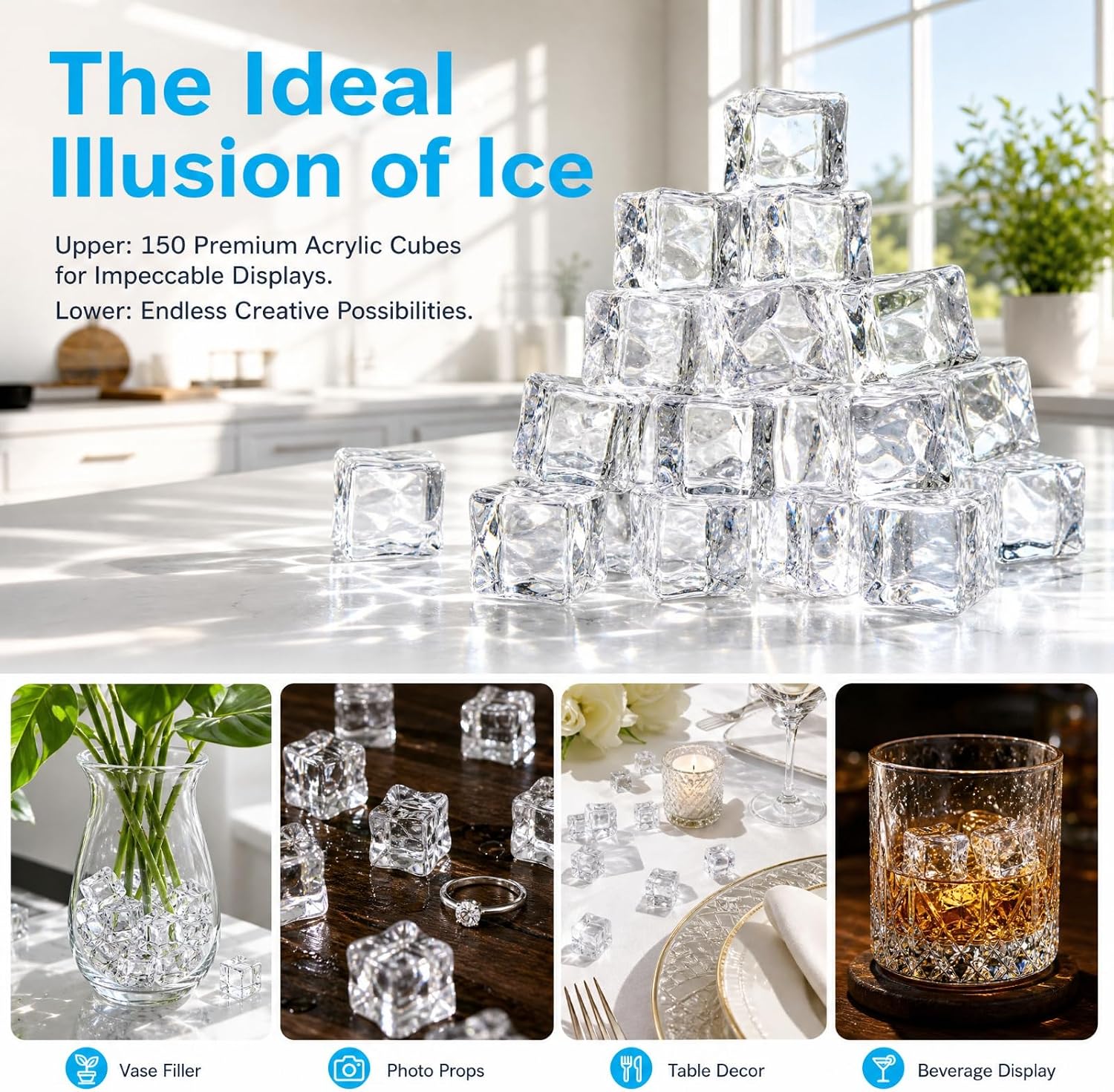 Hacaroa 150 Pack Clear Fake Ice Cubes, 0.7" (18mm) Acrylic Decorative Ice Rocks Square Artificial Crystals Vase Rocks for Home, Wedding Decoration, Vase Fillers, Photography Props, Party Table Scatter