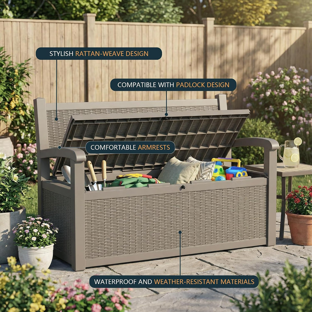 DRATO 75 Gallon Storage Bench Deck Box Outdoor Indoor,Lockable Durable All-Weather Seating with Hidden Storage,Deck Storage for Garden, Pool, Patio,Gray