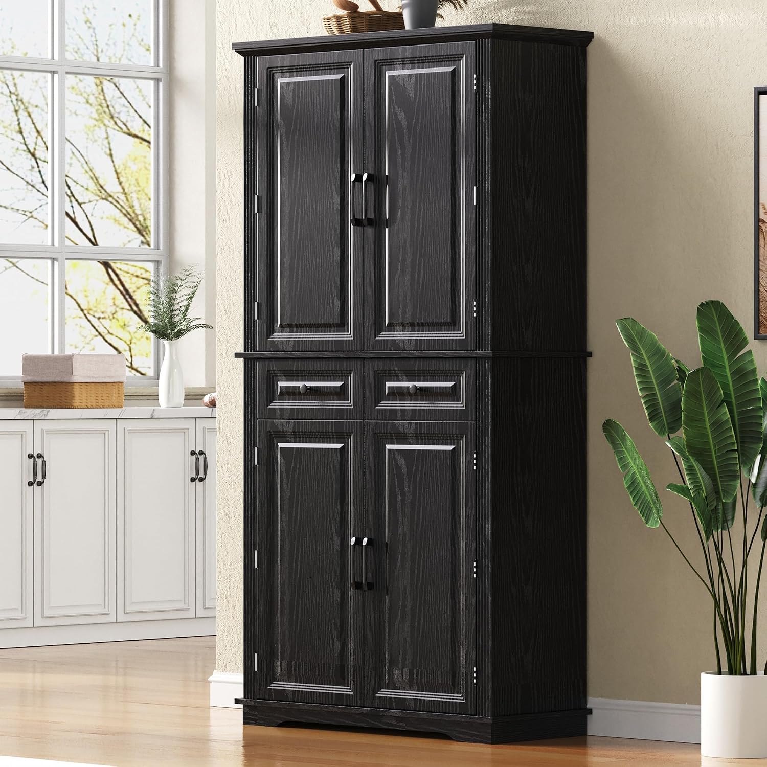 71" Tall Kitchen Pantry Cabinet with 3 Pull Out Organizers, Black Storage Cupboard with 6 Door Shelves, 2 Drawers, Freestanding Pantry for Kitchen Dining Room (Black)