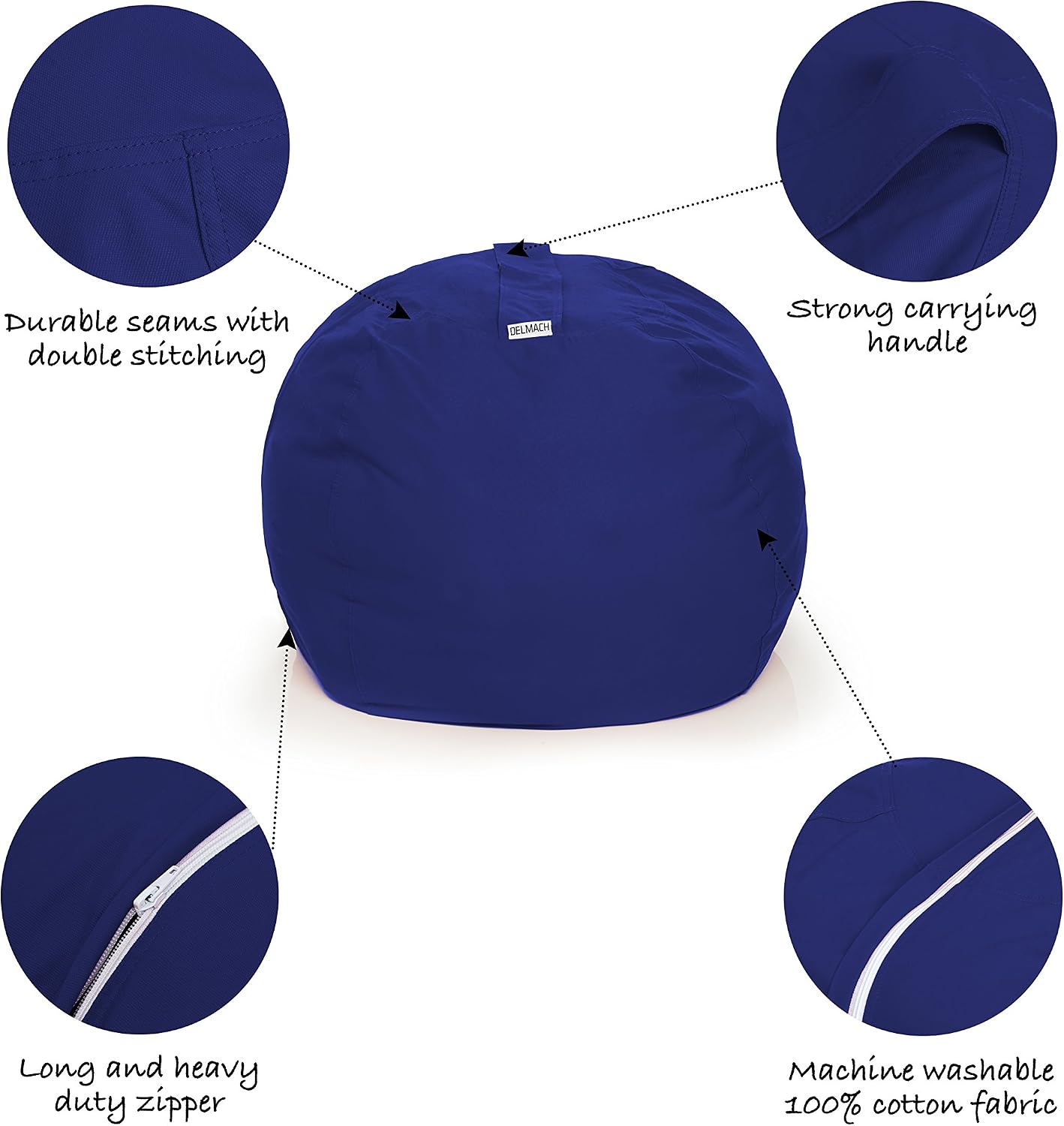 Bean Bag Chair Cover | Stuffed Animal Storage | 38" Width Extra Large | 100% Cotton Canvas | Double Stitched | Durable Zipper | Fill With Anything Soft | Beans not included