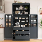 Tall Kitchen Pantry Cabinet with Adjustable Shelves, Modern Freestanding Cupboard with Door Shelves, Drawers and Wine Racks for Dining Room (Grey)