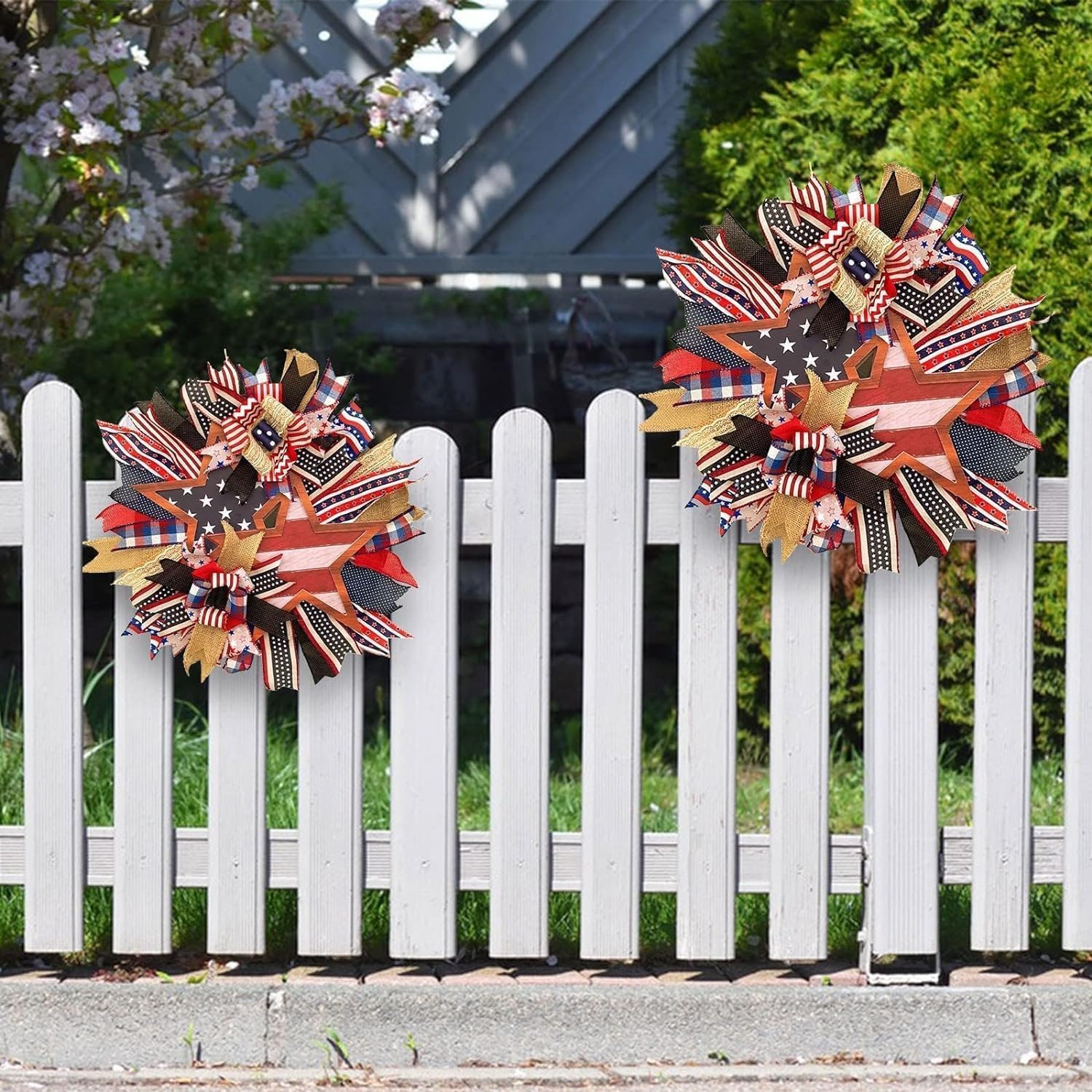 Patriotic Wreaths for Front Door, New 250th Anniversary Decorations, 4th of July Decorations Outdoor, Handcrafted Memorial Day Wreaths, Festival Celebration USA Flag Printed Wreath (D)