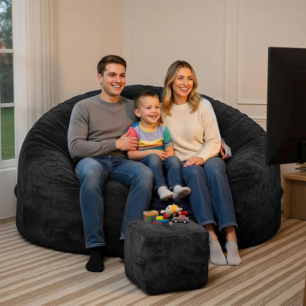5FT Bean Bag Chairs for Adults with Ottoman, Big Beanbag Chairs with Filler Memory Foam & Machine Washable Cover, Suitable for Bedrooms, Living Rooms, Leisure Reading Black