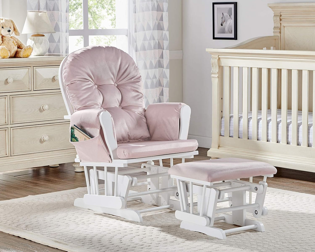 Glider and Ottoman White Wood and Pink Fabric