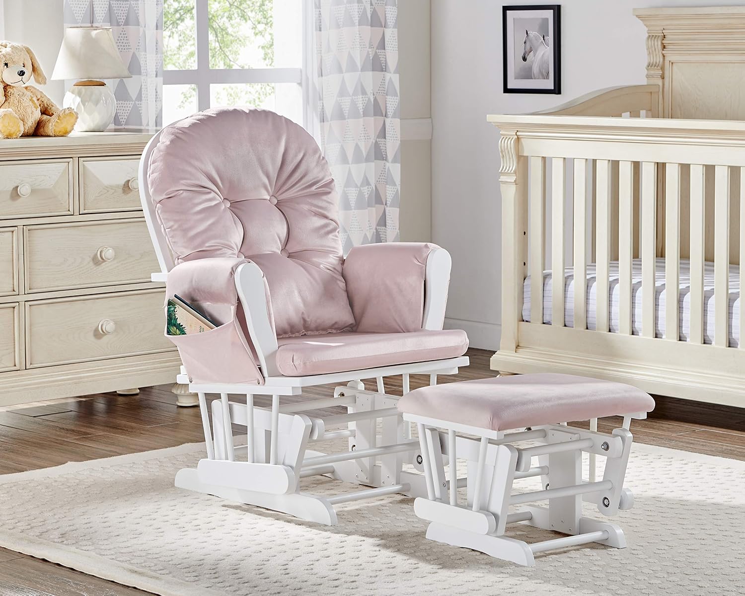 Glider and Ottoman White Wood and Pink Fabric