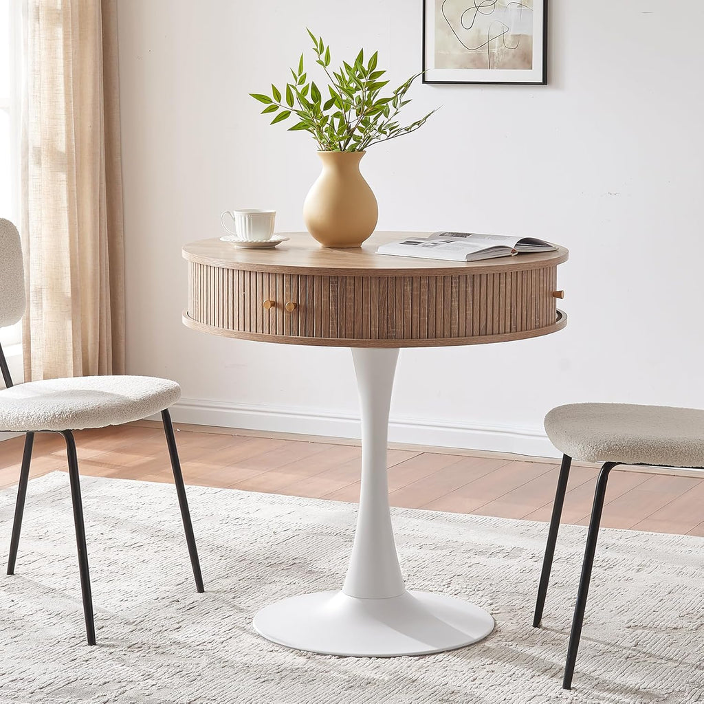 31.5" Round Fluted Pedestal Table for 2-4, Oak Circle Kitchen Dinner Table with Hidden Storage, 31''H Small Tulip Breakfast Desk with Sliding Doors, Metal Base for Kitchen, Cafe, Patio, Courtyard