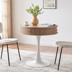 31.5" Round Fluted Pedestal Table for 2-4, Oak Circle Kitchen Dinner Table with Hidden Storage, 31''H Small Tulip Breakfast Desk with Sliding Doors, Metal Base for Kitchen, Cafe, Patio, Courtyard