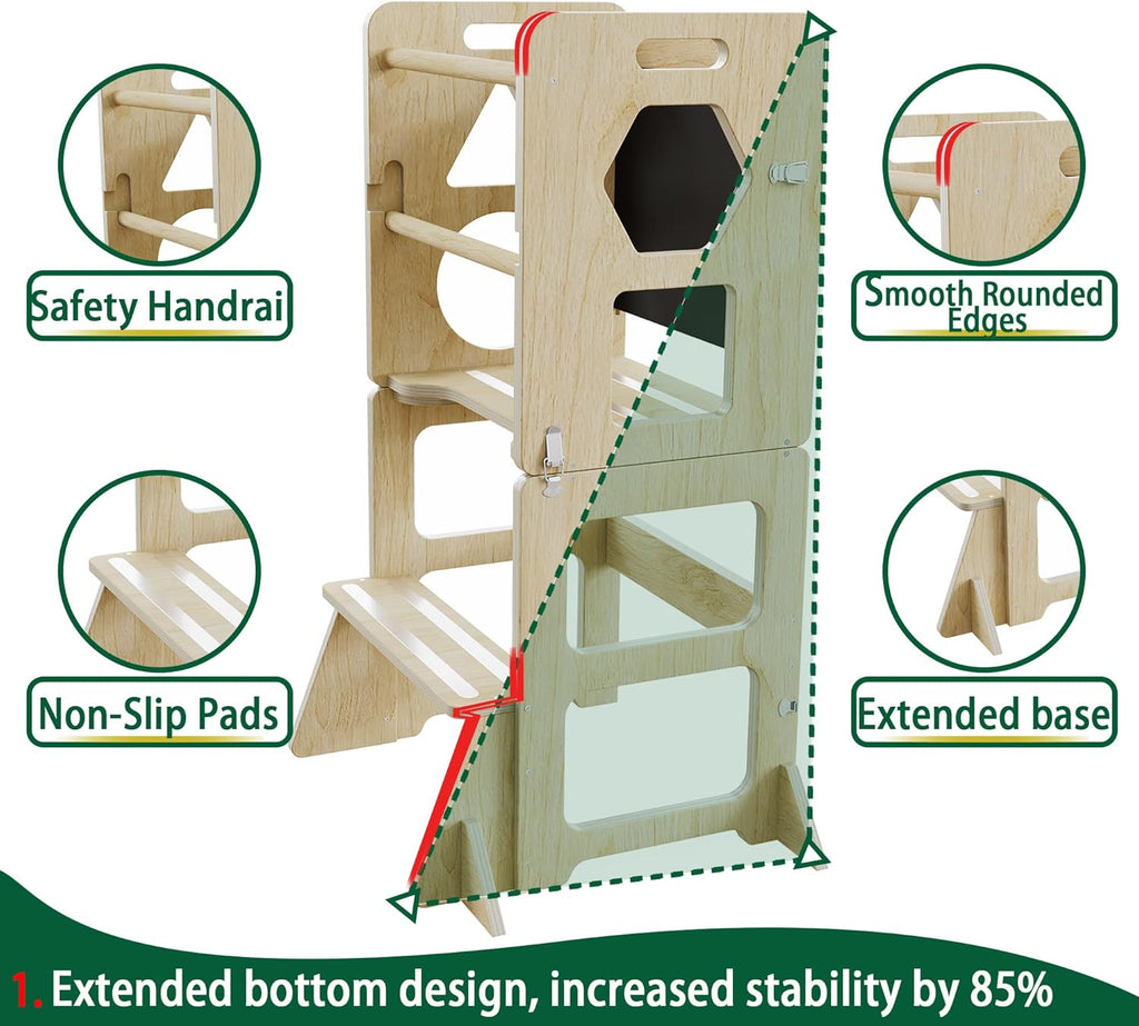 4-in-1 Toddler Kitchen Step Stool,Montessori Foldable Learning Standing Tower with Blackboard, Anti-tip Structure Design,Wooden Kitchen Step Helper Stool for 1-3 Year Old Boy Girl