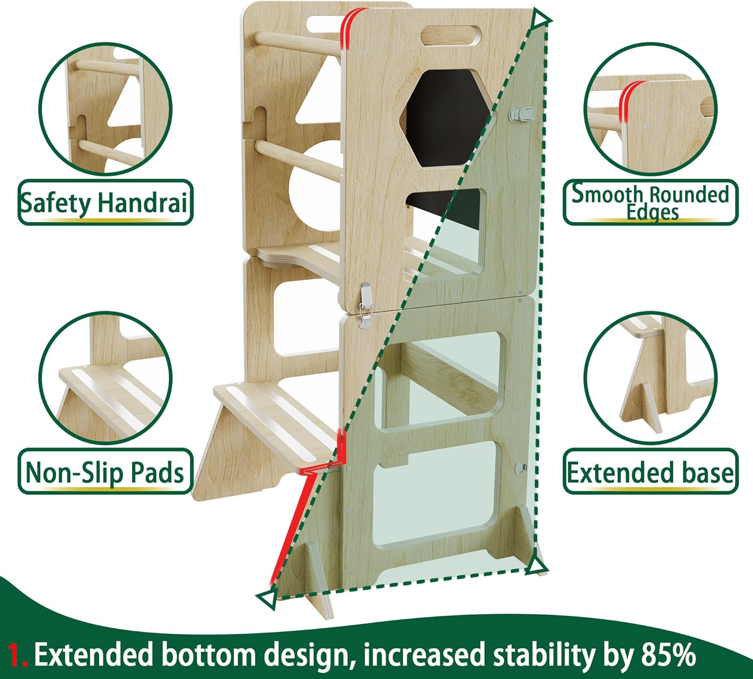 4-in-1 Toddler Kitchen Step Stool,Montessori Foldable Learning Standing Tower with Blackboard, Anti-tip Structure Design,Wooden Kitchen Step Helper Stool for 1-3 Year Old Boy Girl