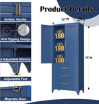 SteeLoong 75" Kitchen Pantry Cabinet with 3 Drawer,Metal Storage Cabinets with Doors and 2 Adjustable Shelves,Blue Kitchen Cabinet with 2 Gold Handles,Food Cupboard for Livingroom,Pantry, Bathroom