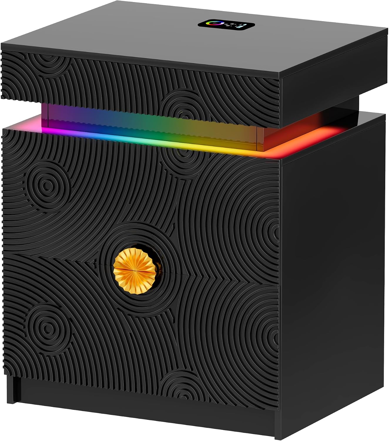 WOOVIVS Bedside Table with 2 Drawers and Sliding Top, RGB Color Changing Lights Sync with Music Rhythm, Lockable Night Stand with Secure Hidden Storage for Bedroom(Black)