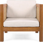 Outdoor Club Chair Set of 2 — Acacia Wood Frame, Wicker Armrests & Beige Cushions, 400 lbs Capacity, for Patio Garden Backyard