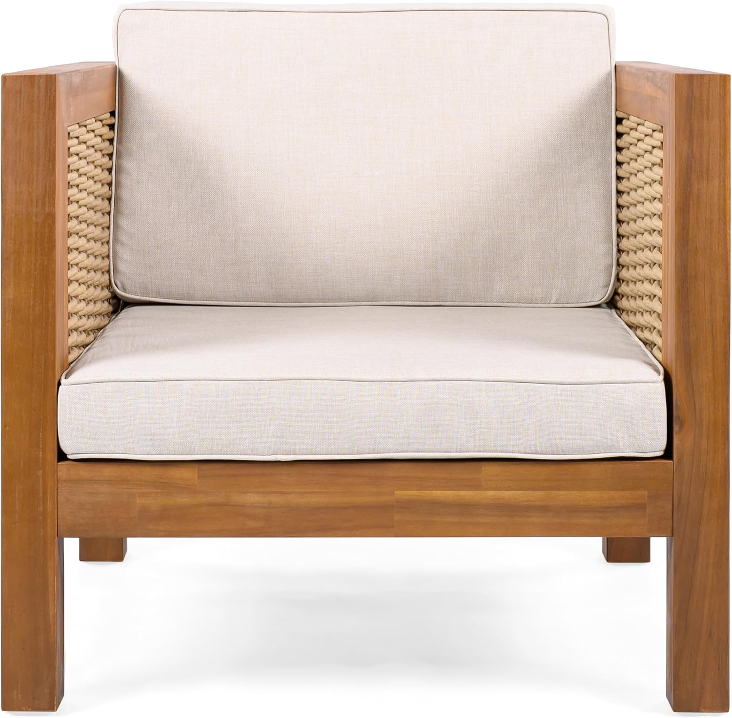 Outdoor Club Chair Set of 2 — Acacia Wood Frame, Wicker Armrests & Beige Cushions, 400 lbs Capacity, for Patio Garden Backyard