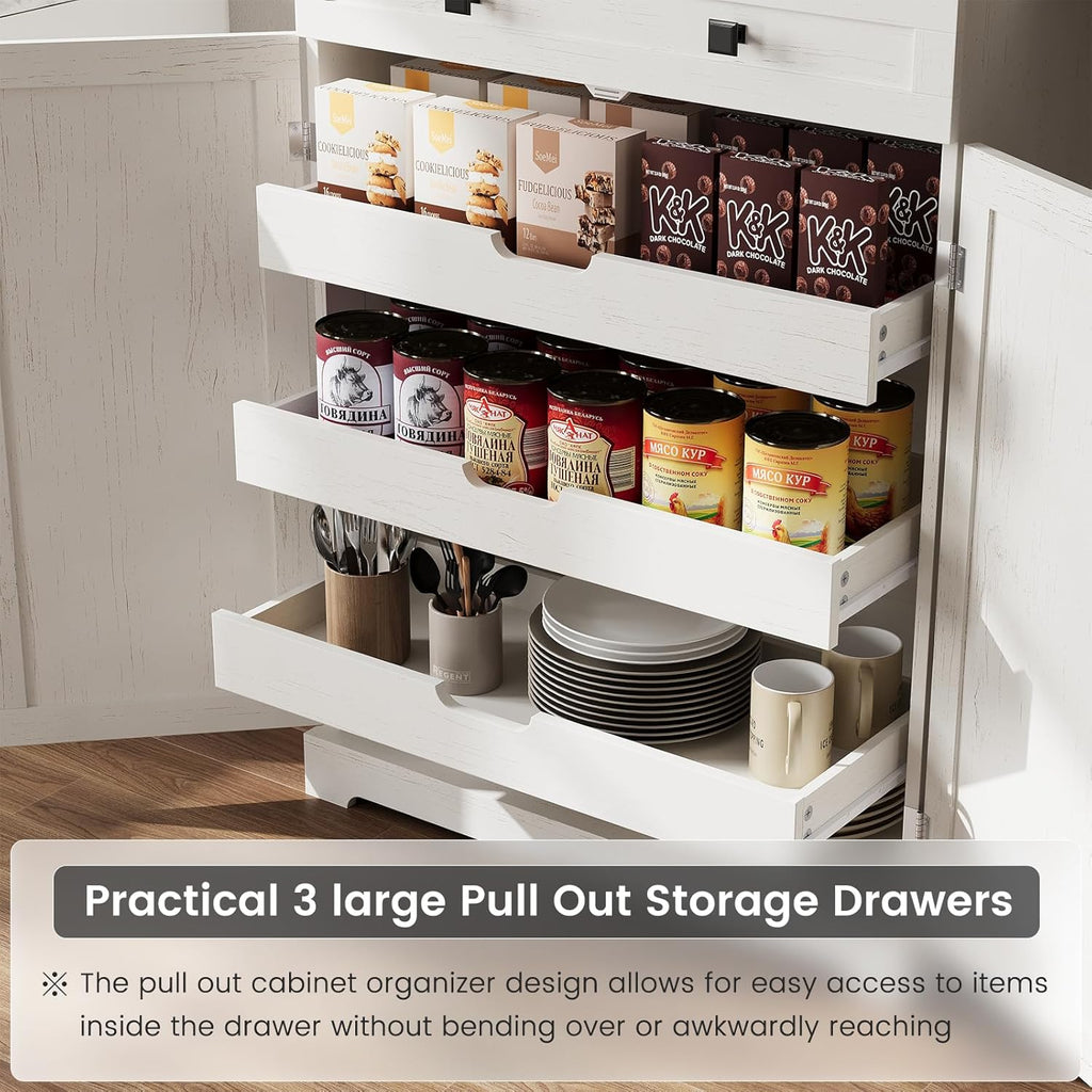 72" Kitchen Pantry Cabinet, Pantry Storage Cabinet with 8 Door Shelves and 3 Pull Out Shelves, Tall Pantry Cabinet with Adjustable Shelf and Large Drawer, Farmhouse Food Kitchen Hutch, For Dining Room