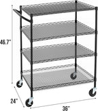 Finnhomy 4 Tier Heavy Duty Commercial Grade Rolling Cart with Handle Bar, Metal Wire Utility Cart with Wheels, Service Trolley on Wheels, Shelf Size 24" D x 36" W, NSF, Black