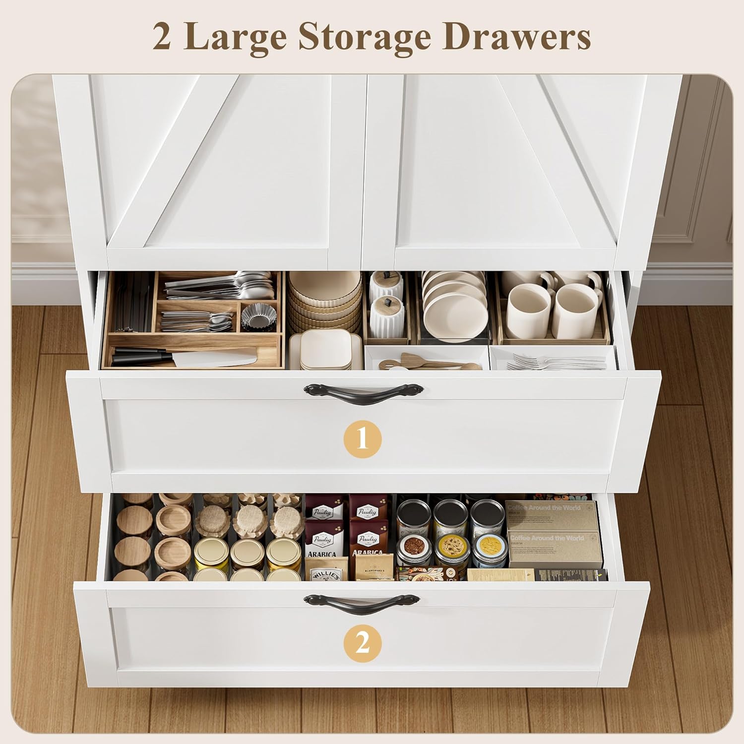 HOSTACK 70" Tall Kitchen Pantry Storage, Barn Doors Pantry Cabinet with Drawers and Adjustable Shelf, Modern Farmhouse Storage Cabinet for Kitchen, Dining Room, Living Room, Bathroom, White