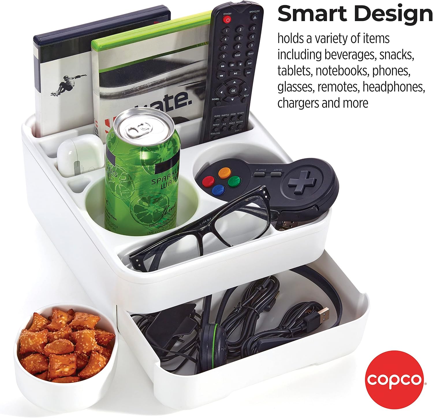 Copco Home Office Caddy Lazy Susan Organizer with Removable Snack Cup and Drawer - Desktop Turntable Storage for Snacks, Tablets, Phones, Remotes, Headphones - 10 x 8.5 x 4.5 Inches