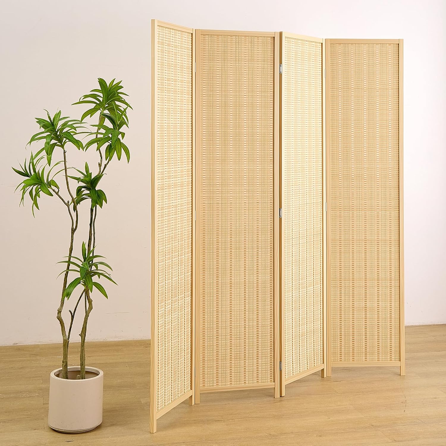 4 Panel Room Divider and Extra Wide Folding Privacy Screen, 63" W x 67" H, Bamboo Room Divider for Room Separation