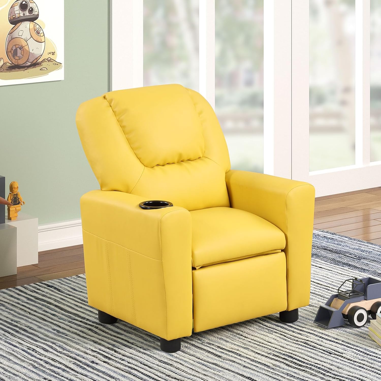 Kids Recliner Chair w/ Cup Holder, Toddler Recliner Chair Ages 1-4, 2-in-1 PU Leather Single Sofa for Boys/Girls, Kids Lazy Boy Chairs, Upholstered Armchair, Adjustable Backrest & Footrest (Yellow)