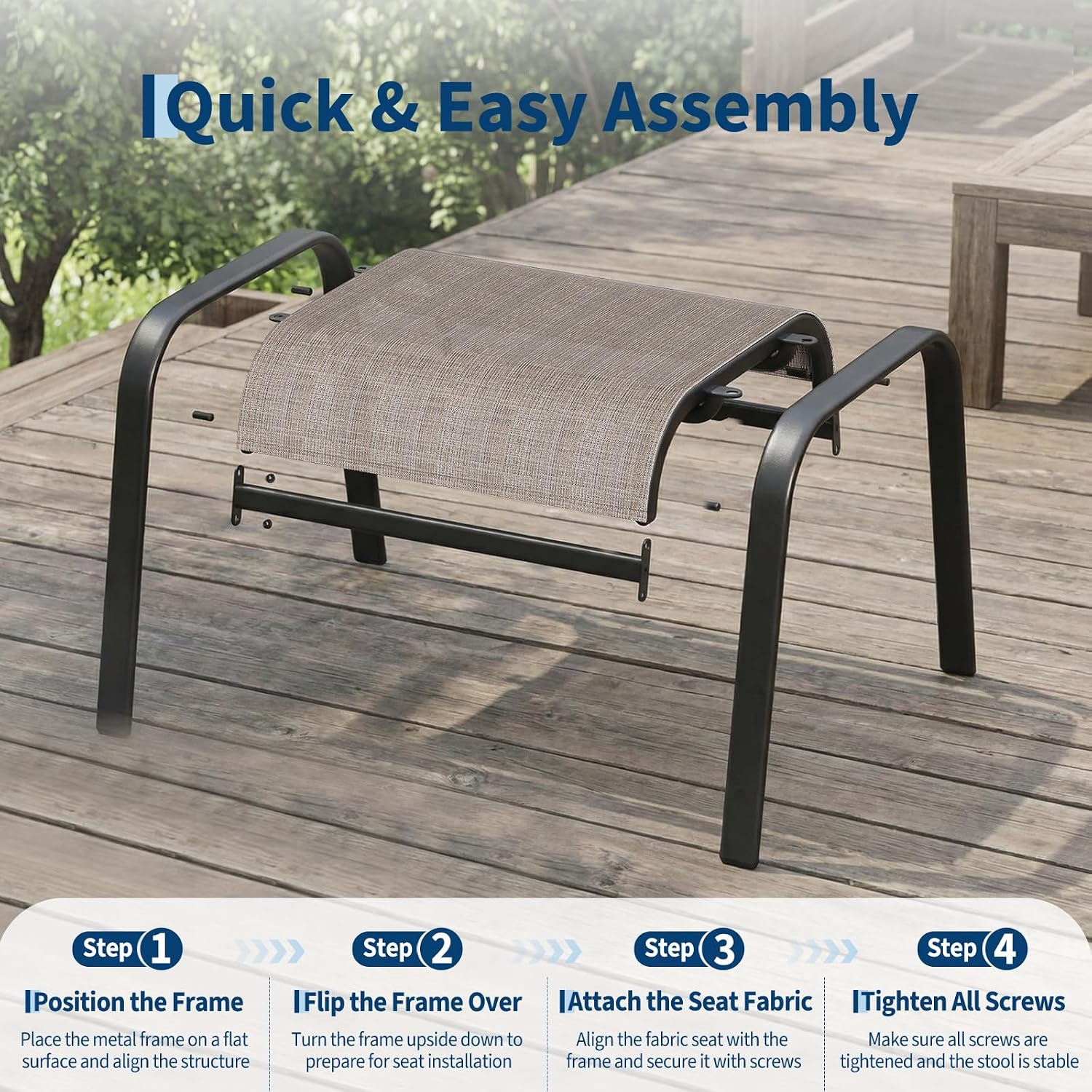 Outdoor Ottoman Set of 2, Comfort Outdoor Footstool with Supportive Textliene and Metal Frame, Stackable Oversized Outdoor Foot Rest for Patio, Garden, Pool, Balcony -Brown
