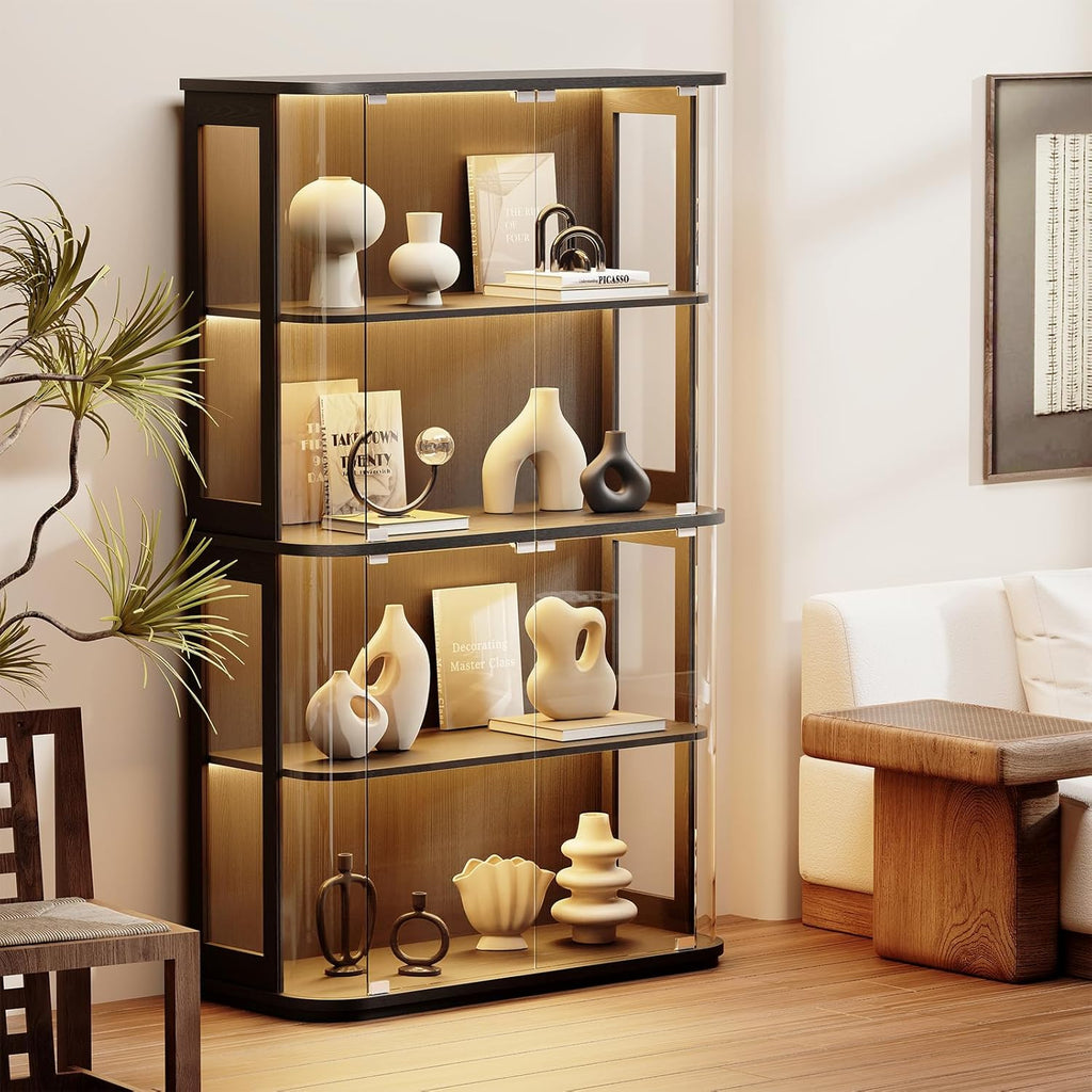 BROTTAR Large Rounded Display Cabinet with Glass Door, 4-Tier Curio Cabinet with 3 Color Lights for Collectibles, Glass Display Case with Transparent Full-Display Surface, Human Body Sensor, Black