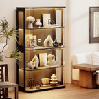 BROTTAR Large Rounded Display Cabinet with Glass Door, 4-Tier Curio Cabinet with 3 Color Lights for Collectibles, Glass Display Case with Transparent Full-Display Surface, Human Body Sensor, Black