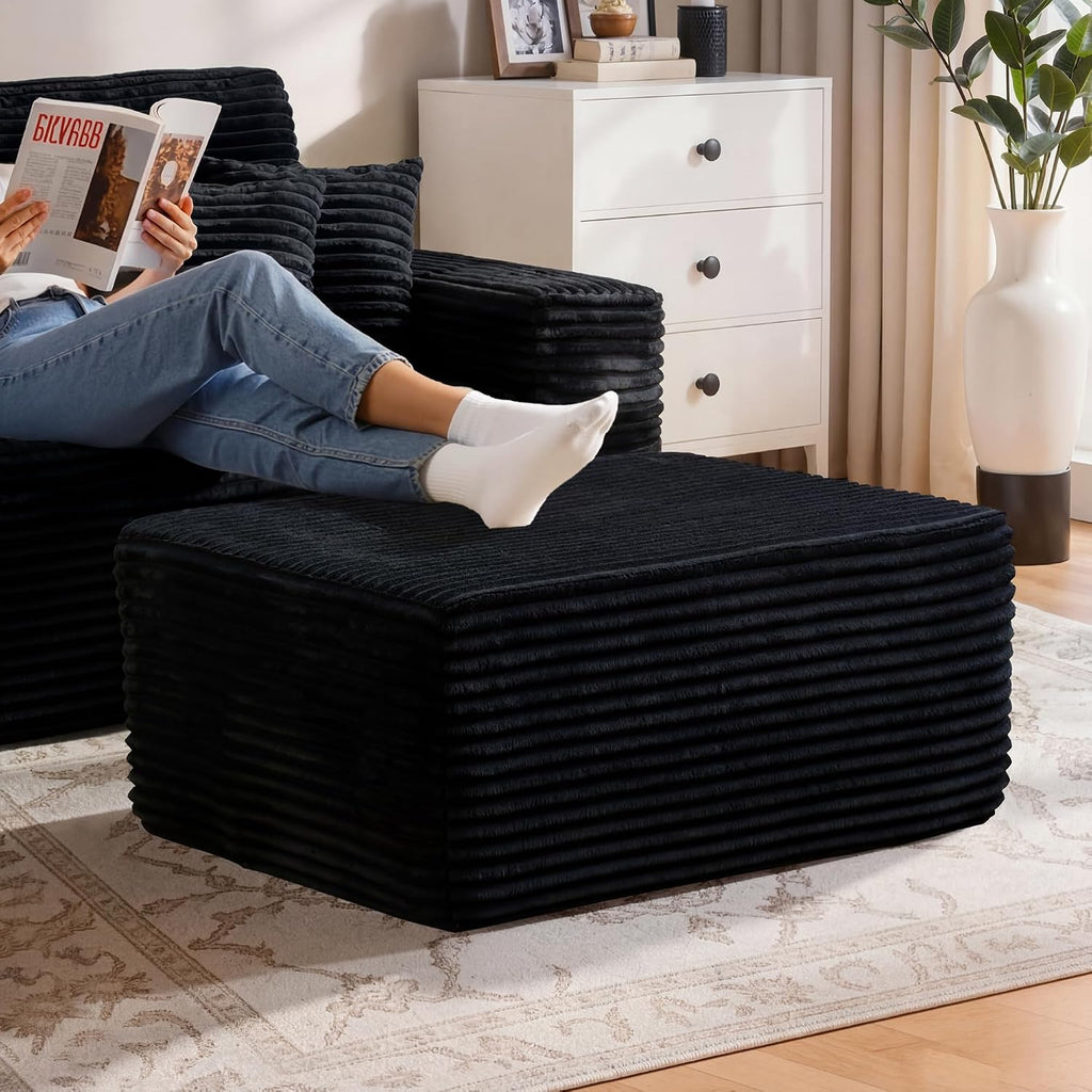 37" Plush Boneless Ottoman, Upholstered Cloud Footrest for Boneless Couch in a Box,Oversize Poufs for Living Room & Bedroom Sofa Ottoman,Comfy Seating with Dense Foam, Black (Plush Corduroy Fabric)