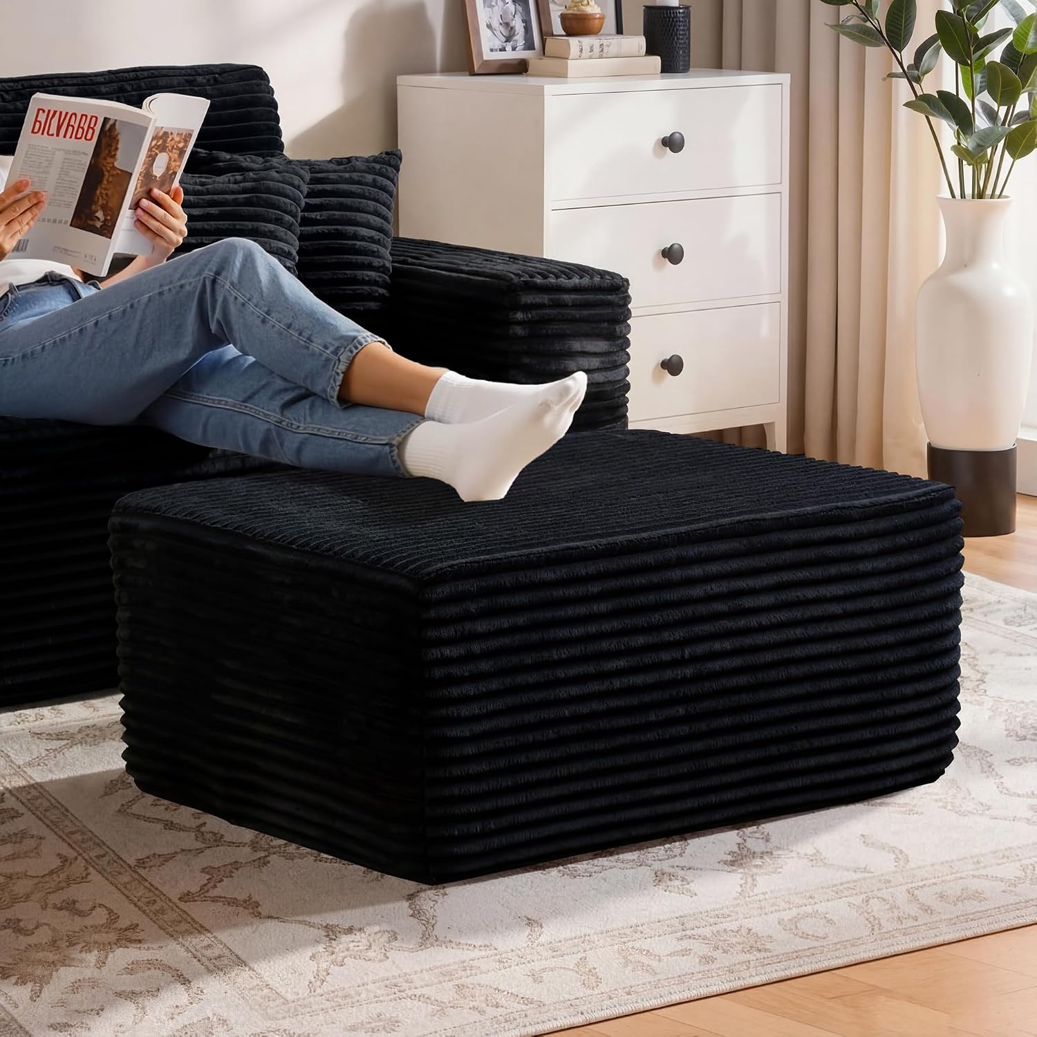 37" Plush Boneless Ottoman, Upholstered Cloud Footrest for Boneless Couch in a Box,Oversize Poufs for Living Room & Bedroom Sofa Ottoman,Comfy Seating with Dense Foam, Black (Plush Corduroy Fabric)
