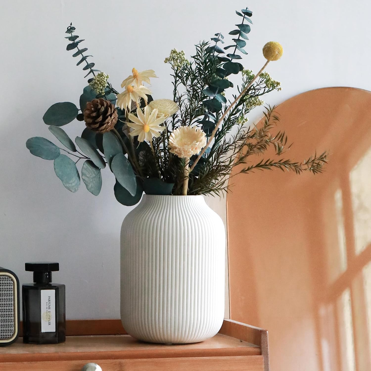 flature Ceramic Vase with Grooves - Waterproof Flower Vase in Matte White for Fresh Flowers, Dried Flowers, Pampas Grass, Large 7.9" Tall Vase as a Gift, Decoration for Living Room, Bedroom, Office.