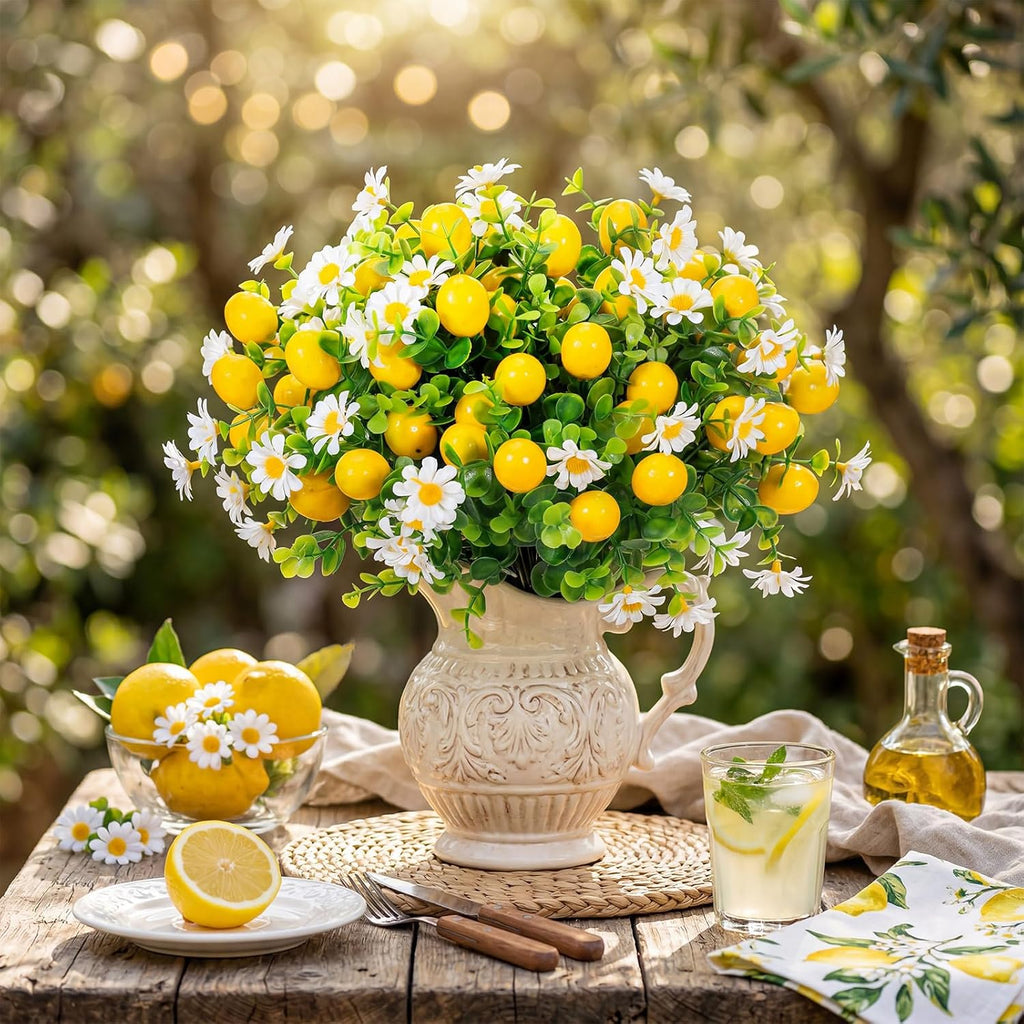 16 Pcs Artificial Lemon Branches Decor Centerpieces for Tables Fake Fruit Lemon Bouquet Summer Yellow Faux Flower Farmhouse Outdoor Decor for Kitchen Home Bathroom Wedding Party
