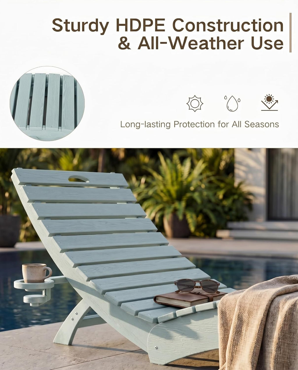 PLUUV HDPE Folding Pool Lounge Chairs Set of 2, Use in Pool Lounge Chairs up to 8-Inches of Water, Pre-Assembled Lounge Chair with Cup Holders, for Hotel, Resort, Poolside, Sun Decks -Light Blue