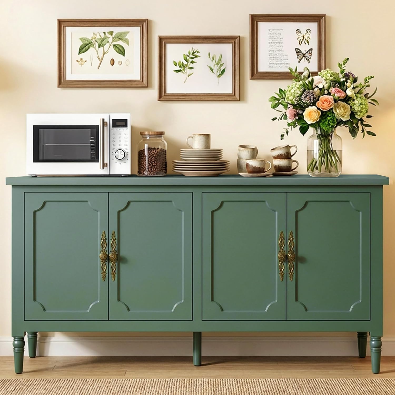RoyalCraft Buffet Cabinet with Storage, 59" Vintage Sideboard with Adjustable Shelves, Mid Century Modern Painted Credenza Coffee Bar for Kitchen, Dining Room, Entryway, Living Room, Forest Green
