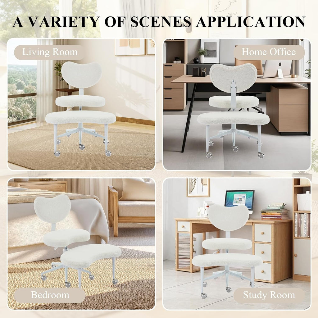 360° Swivel Meditation Chair Plus, Teddy Upholstered Cross Legged Chair with Flexible Design, ADHD Desk & Yoga - Wide Criss Cross Desk Chair for Fidgety Sitters (Ivory + Teddy)