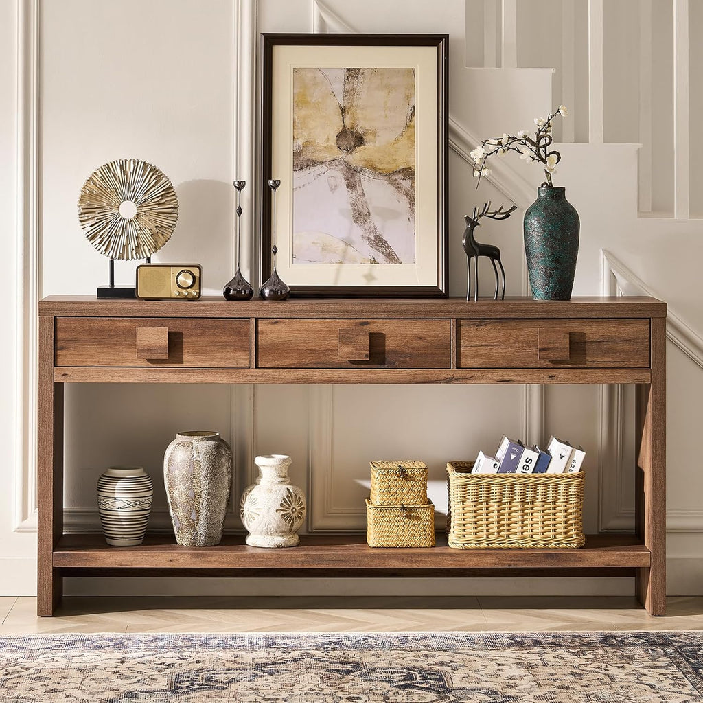 ONBRILL 63 Inch Long Console Table with 3 Drawers, Entryway Table with Open Storage Shelves, Mid Century Modern Hallway Accent Tables Behind Couch Table for Living Room (Vintage Brown)