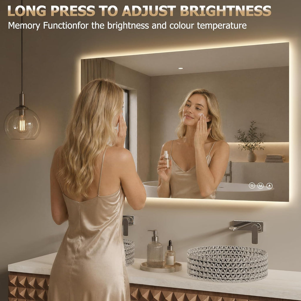 40"X30" LED Bathroom Mirror with Lights, Anti-Fog, Backlit Lit with CRI>90,Lighted Bathroom Vanity Mirror for Wall, Memory Function, Tempered Glass, 3 Colors Frameless Lighted Mirror for Bathroom