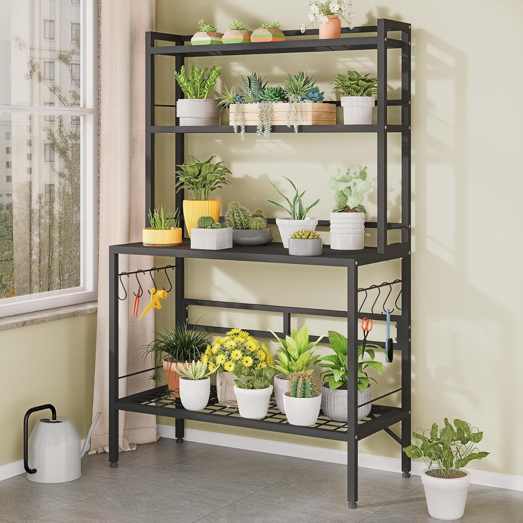 Outdoor Potting Bench Table with Storage, 63" Tall Metal Garden Workstation, 4-Tier Plant Stand Shelves with 8 Hooks, Heavy Duty All-Weather Potting Table for Patio, Backyard, Balcony, Gray