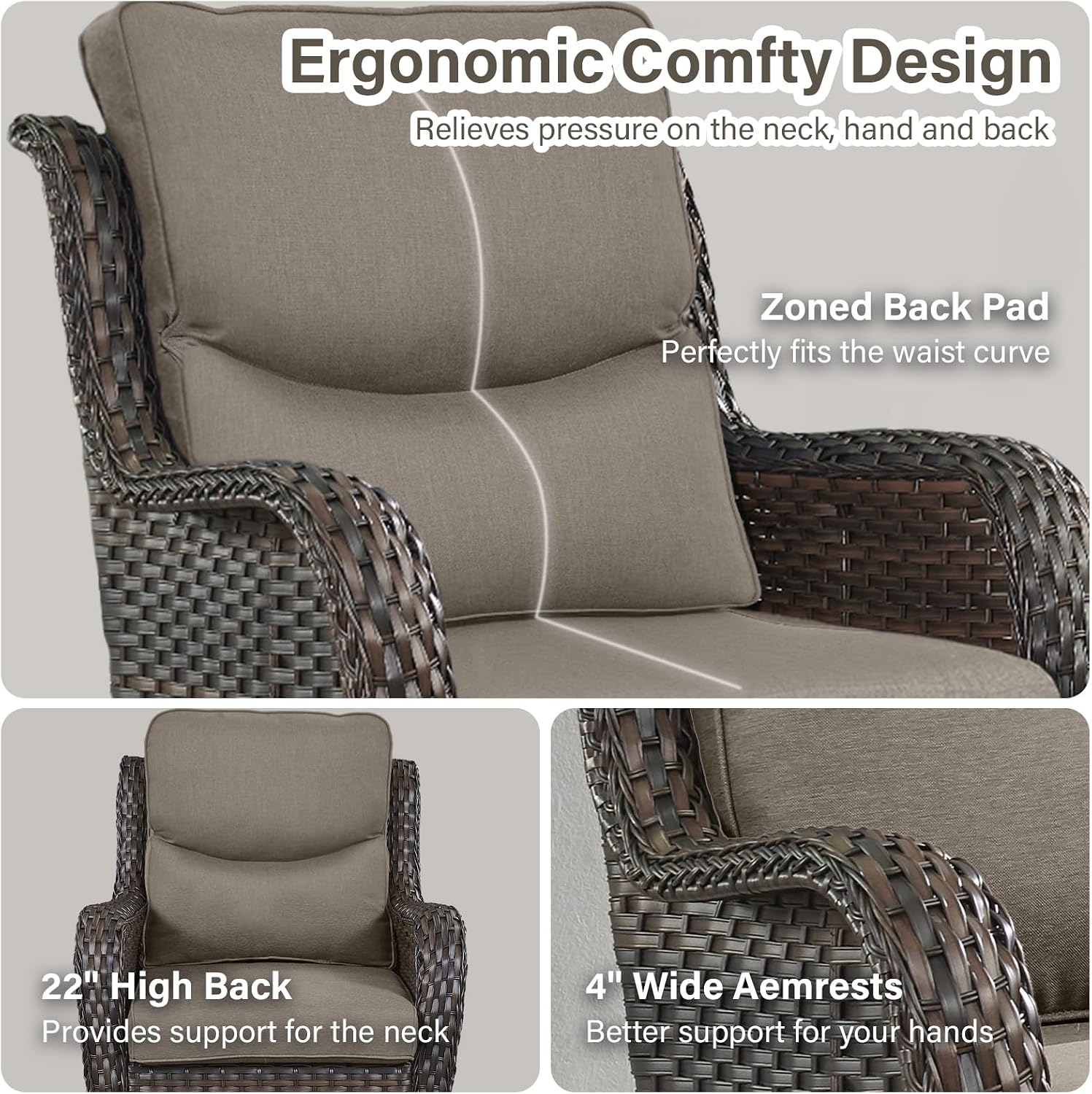 Outdoor Swivel Rocker Patio Chairs with 2 Ottomans - 5" Thick Cushion 4 Piece Furniture Set All Weather Comfortable Wicker Conversation Set for Porch Poolside and Deck - Brown/Gray