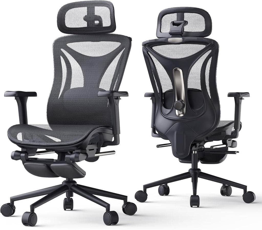 CYKOV Ergonomic Office Chair with Footrest - Adjustable Lumbar Support & Headrest, 90-160° Reclining Mesh Back Computer Chair - Home Office/Gaming, 350lbs Capacity (B-Black, Mesh)