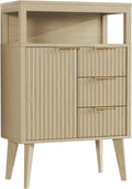 Natural Wood Bathroom Floor Cabinet with 3 Fluted Drawers & Door, Modern Storage Sideboard with Open Shelf, Coffee Bar Station for Living Room, Entryway, 23.6 x 11.8 x 34.6 Inches